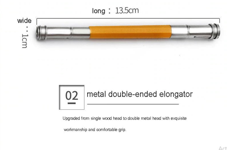 May include: A silver and yellow metal pencil extender, measuring 13.5 cm long and 1 cm wide. The extender is labeled "02 metal double-ended elongator". Upgraded from single wood head to double metal head with exquisite workmanship and comfortable grip.