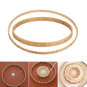 May include: Two wooden hoops with holes for weaving, one larger than the other. The hoops are shown in three stages of use: empty, with string wrapped around them, and with a woven tapestry inside.
