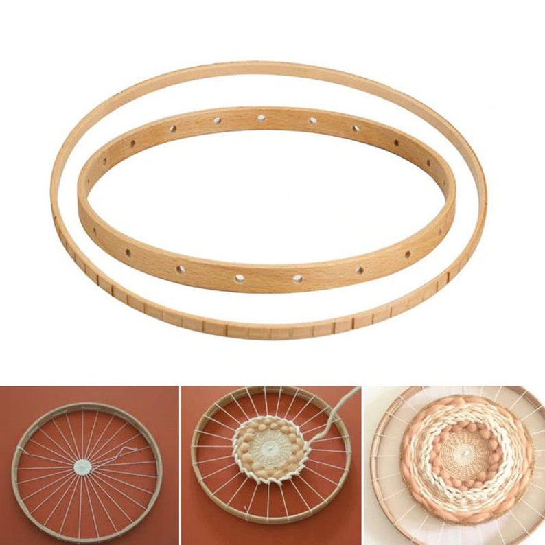 May include: Two wooden hoops with holes for weaving, one larger than the other. The hoops are shown in three stages of use: empty, with string wrapped around them, and with a woven tapestry inside.