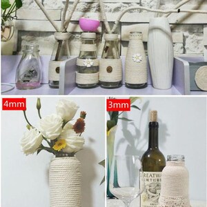 May include: A set of four glass vases wrapped in natural jute twine. The vases are different sizes and shapes. The twine is available in two thicknesses: 3 mm and 4 mm.