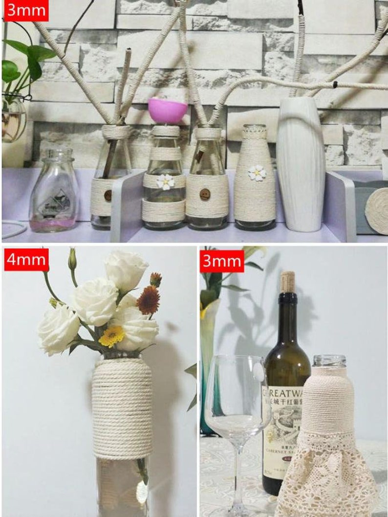 May include: A set of four glass vases wrapped in natural jute twine. The vases are different sizes and shapes. The twine is available in two thicknesses: 3 mm and 4 mm.