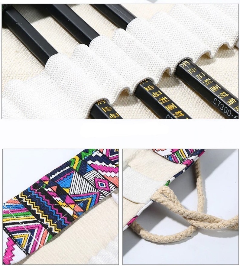 May include: A white canvas pencil case with a geometric pattern on the front and a rope handle. The case has multiple slots for pencils and is lined with white fabric. The case is empty and the pencils are not included.