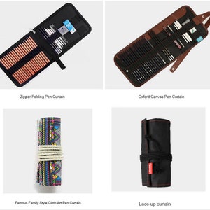 May include: Four different types of pencil cases. The first is a black zippered case with pencils inside. The second is a brown canvas case with pencils inside. The third is a colorful fabric roll-up case. The fourth is a black fabric roll-up case with a red tassel.