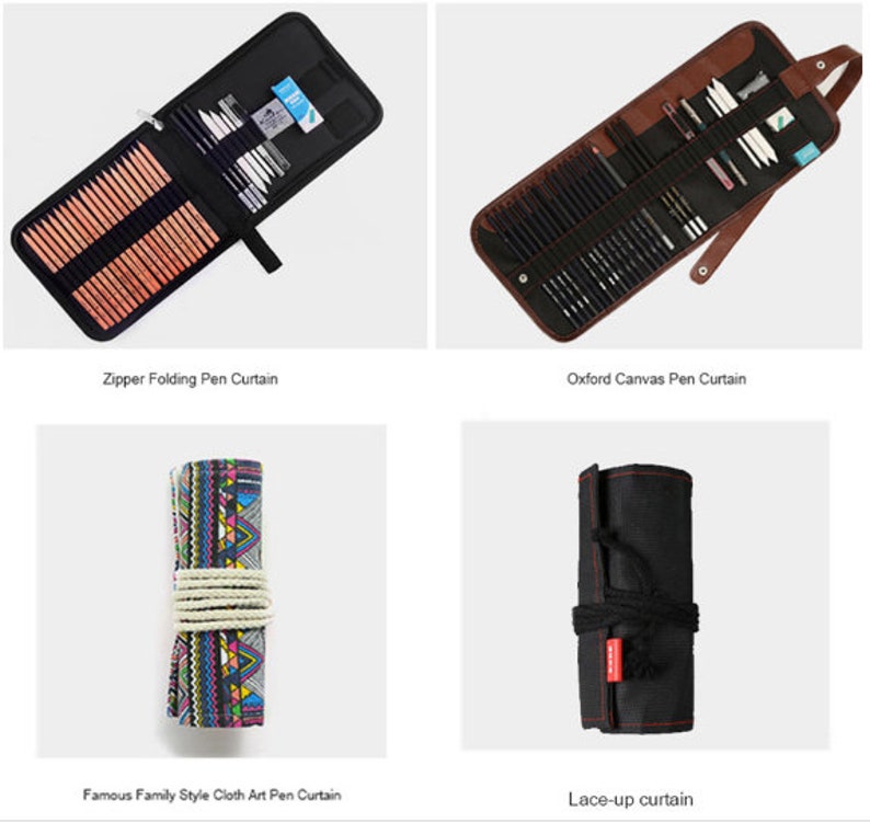 May include: Four different types of pencil cases. The first is a black zippered case with pencils inside. The second is a brown canvas case with pencils inside. The third is a colorful fabric roll-up case. The fourth is a black fabric roll-up case with a red tassel.