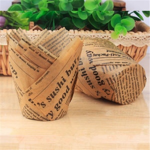 Muffin, Cupcake Tulip Wrap 100 Pcs / Liner / Paper Cup / Olio Proof Cake Wrapper / Giornale / Carta da giornale, Classico, Vintage - Spedizione Gratuita
