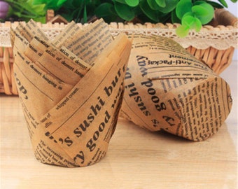 100 Vintage Newspaper Print Tulip Cupcake Liners: Oil Proof Wrappers