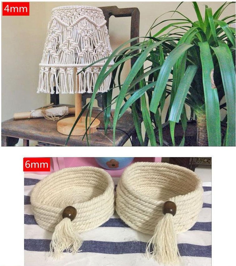 May include: Two macrame rope baskets with wooden beads and tassels. The baskets are 6mm thick and are shown on a striped surface. The text "6mm" is visible in the image.