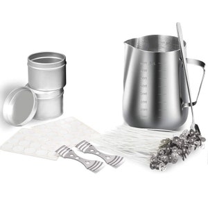 May include: Candle making supplies kit with a stainless steel measuring jug, two metal candle wick stickers, two metal candle wick holders, a set of white candle wicks, a set of silver candle wicks, and two silver metal containers.