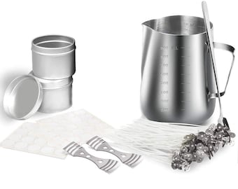 May include: Candle making supplies kit with a stainless steel measuring pitcher, two metal candle wick stickers, two metal candle wick holders, a set of white candle wicks, a set of silver candle wicks, and two silver metal containers.