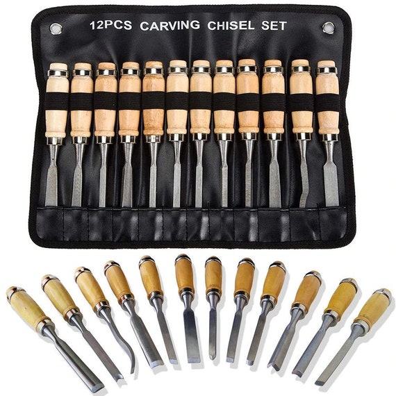 Wood Carving Chisel Set: 12-Piece Hardened Carbon Steel Gouges
