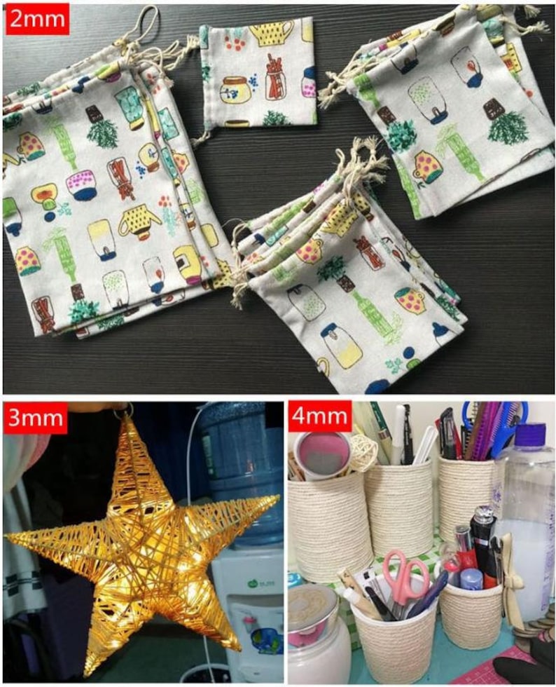 May include: A set of small, white fabric drawstring bags with a colorful pattern of teacups, plants, and jars. The bags are stacked and arranged on a white surface. The text "2mm" is visible in the top left corner of the image. The image also shows a star-shaped string light and a set of rope-wrapped containers.