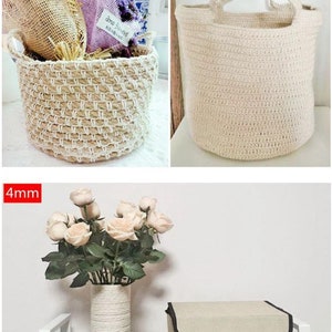 May include: Three different sizes of beige rope baskets. The first basket is 3 mm thick and is filled with dried flowers and straw. The second basket is also 3 mm thick and has two handles. The third basket is 4 mm thick and is used as a vase for a bouquet of pink roses.