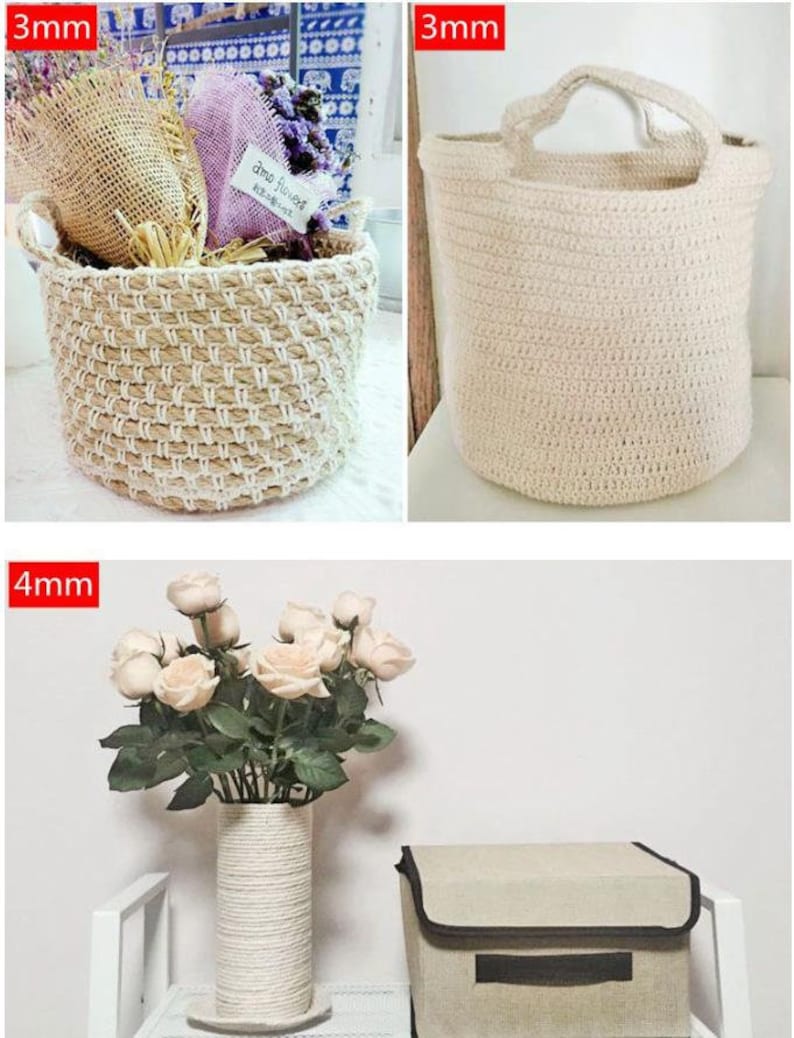 May include: Three different sizes of beige rope baskets. The first basket is 3 mm thick and is filled with dried flowers and straw. The second basket is also 3 mm thick and has two handles. The third basket is 4 mm thick and is used as a vase for a bouquet of pink roses.