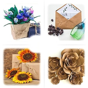 K&ouml;nnte beinhalten: Vier Bilder, die verschiedene M&ouml;glichkeiten zeigen, Geschenke mit braunem Papier und Schnur zu verpacken. Das erste Bild zeigt einen kleinen Strau&szlig; blauer und lila Blumen, der in braunes Papier mit Schnur eingewickelt ist. Das zweite Bild zeigt einen braunen Papierumschlag mit einem gr&uuml;nen Blattdesign. Das dritte Bild zeigt eine Geschenkbox, die in braunes Papier mit Schnur eingewickelt ist und zwei Sonnenblumen. Das vierte Bild zeigt einen Satz brauner Papierblumen.