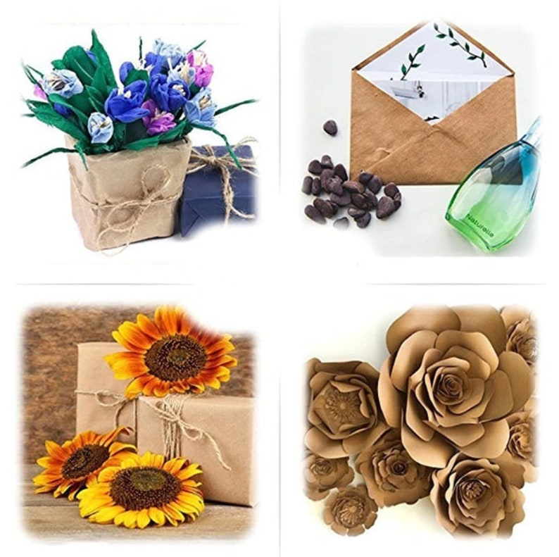 K&ouml;nnte beinhalten: Vier Bilder, die verschiedene M&ouml;glichkeiten zeigen, Geschenke mit braunem Papier und Schnur zu verpacken. Das erste Bild zeigt einen kleinen Strau&szlig; blauer und lila Blumen, der in braunes Papier mit Schnur eingewickelt ist. Das zweite Bild zeigt einen braunen Papierumschlag mit einem gr&uuml;nen Blattdesign. Das dritte Bild zeigt eine Geschenkbox, die in braunes Papier mit Schnur eingewickelt ist und zwei Sonnenblumen. Das vierte Bild zeigt einen Satz brauner Papierblumen.