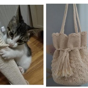 May include: A beige crocheted tote bag with a tassel and a drawstring closure. The bag is made of thick yarn and has a relaxed, bohemian style.