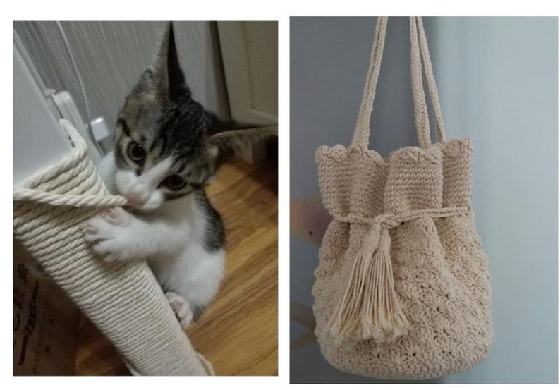 May include: A beige crocheted tote bag with a tassel and a drawstring closure. The bag is made of thick yarn and has a relaxed, bohemian style.