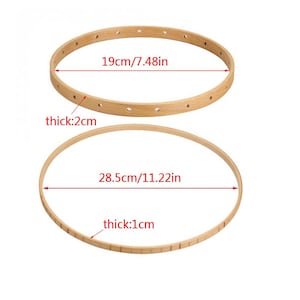 May include: Two wooden embroidery hoops, one with a diameter of 7.48 inches and a thickness of 2 cm, and the other with a diameter of 11.22 inches and a thickness of 1 cm.