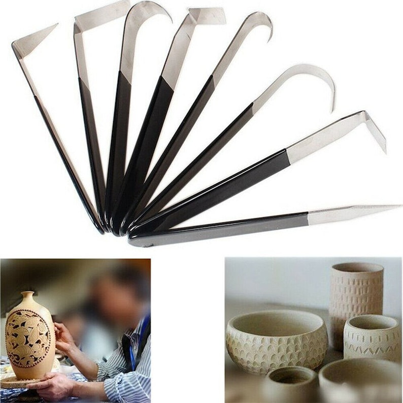 May include: Set of nine pottery tools with black handles and stainless steel blades. The tools are arranged in a fan shape. The tools are used for shaping and carving clay.