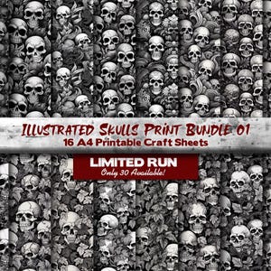 Puede incluir: Una colección de ilustraciones de calaveras en blanco y negro. La imagen incluye el texto "ILLUSTRATED SKULLS PRINT BUNDLE 01. 16 A4 Printable Craft Sheets" y "LIMITED RUN Only 30 Available!"