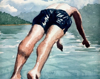 Giclée print of original watercolour painting. Male figure diving into a lake.