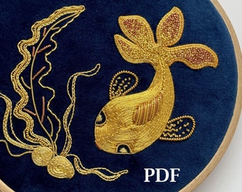 Złota rybka – wzór do haftu/ Pobierz plik PDF/ Samouczek/ Przewodnik po haftowaniu/ Natychmiastowy wydruk cyfrowy/ Haft złoty/ Zwierzę