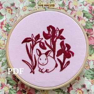 Bunny among Irises - Embroidery Pattern/ PDF Download/ Tutorial/ Stitching Guide/ Instant Digital/ Thread painting/ animal/ bunny/ rabbit