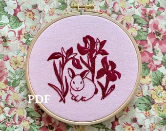 Bunny among Irises - Embroidery Pattern/ PDF Download/ Tutorial/ Stitching Guide/ Instant Digital/ Thread painting/ animal/ bunny/ rabbit