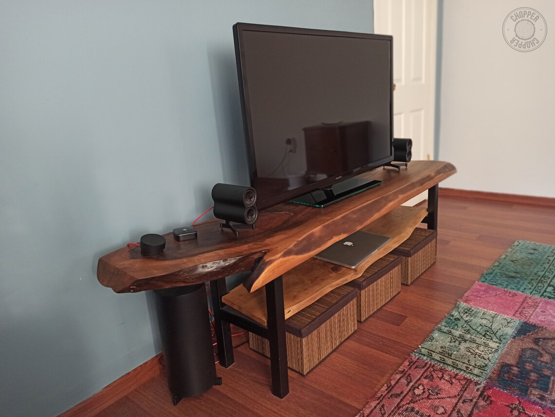 Wooden TV Table Top Rustic TV Stand Live Edge TV Console Etsy