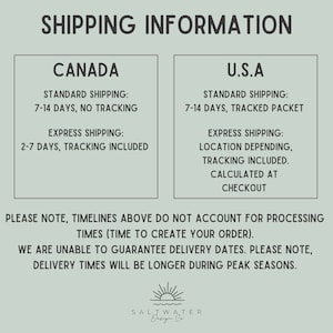 Op de afbeelding: Een lichtgroene afbeelding met verzendinformatie voor Canada en de VS. De tekst geeft de standaard- en expresverzendtijden weer, samen met een opmerking over verwerkingstijden en vertragingen in het hoogseizoen. Het logo van Saltwater Design Co. staat onderaan.