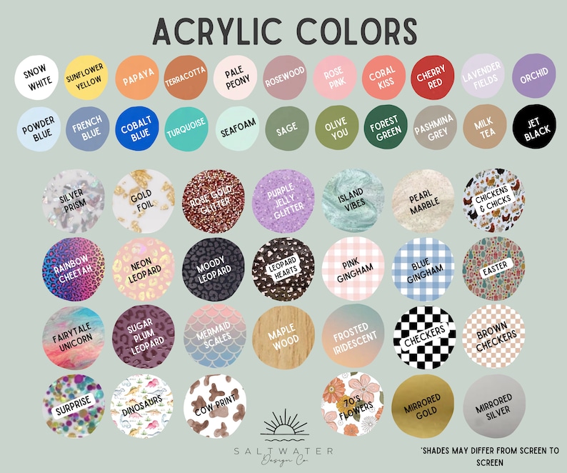 Op de afbeelding: Een kleurenkaart getiteld "Acrylic Colors" met een verscheidenheid aan acrylverfkleuren. De kaart bevat een breed scala aan kleuren, patronen en texturen, zoals glitter, marmer en houtnerf. De onderkant van de kaart toont het logo "Saltwater Design Co.".