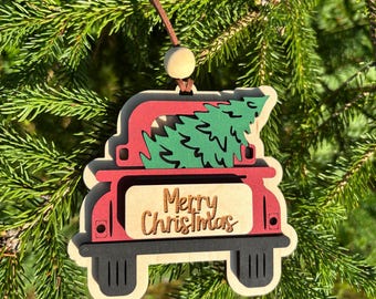 Truck Christmas Wood Ornament, Christmas Gift, Wood Ornament, Engraved Ornament, Laser Cut Ornament, Christmas Ornament, Christmas Gift