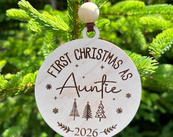 Auntie’s First Christmas Ornament, Wood Ornament, Engraved Ornament, Laser Cut Ornament, Christmas Ornament, Christmas Gift