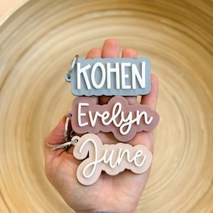 Op de afbeelding: Drie gepersonaliseerde sleutelhangers met de namen "KOHEN", "Evelyn" en "June". "KOHEN" in wit op een blauwgrijze achtergrond. "Evelyn" in witte letters op een mauve achtergrond. "June" in witte letters op een lichtperzik achtergrond.