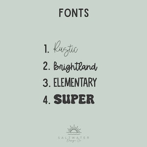 Op de afbeelding: Een lichtgroene achtergrond met het woord FONTS in donkergrijs. Hieronder staan vier lettertypestijlen: Rustic, Brightland, ELEMENTARY en SUPER. Het logo van Saltwater Designs Co. staat onderaan.