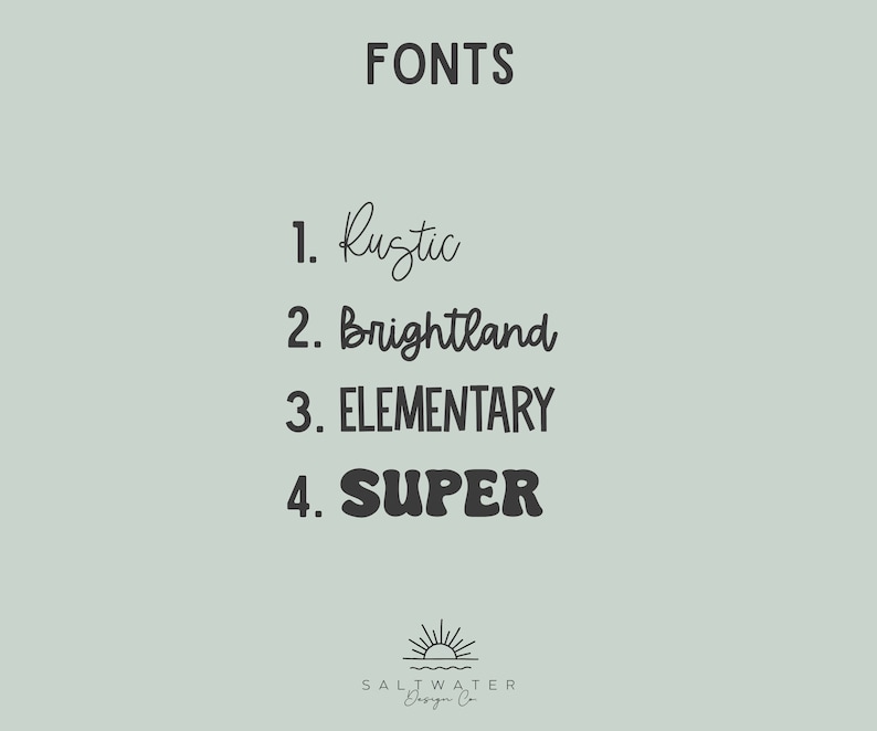 Op de afbeelding: Een lichtgroene achtergrond met het woord FONTS in donkergrijs. Hieronder staan vier lettertypestijlen: Rustic, Brightland, ELEMENTARY en SUPER. Het logo van Saltwater Designs Co. staat onderaan.