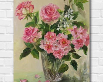 ピンクのバラの花の油絵オリジナルバラの絵静物油絵キャンバスピンクの