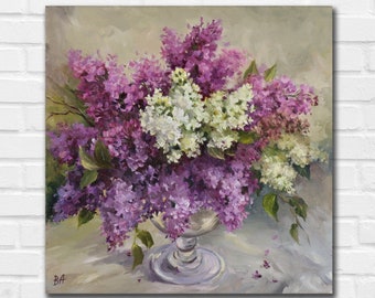 Lilac Bouquet Oil Painting on Canvas: Floral Still Life Art