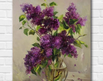 Lilac Oil Painting on Canvas: Floral Still Life Artwork