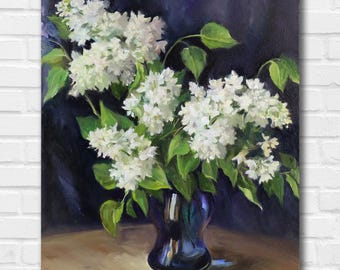 White Lilac Oil Painting: Floral Still Life Artwork