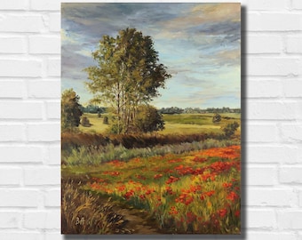 Landschap olieverfschilderij op doek, Wilde bloemen schilderij, Zomer landschap schilderij, Boom schilderij, Natuur landschap, Klaprozen veld schilderij