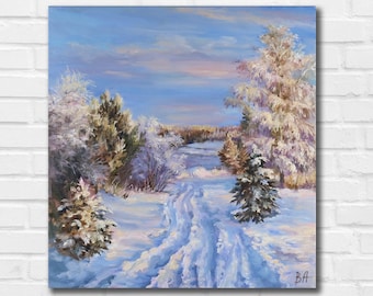 冬の風景 キャンバスに油絵、雪の森、雪の絵、冬のアートワーク