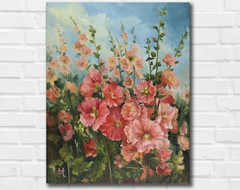 Op de afbeelding: Een schilderij van een veld met roze stokrozen tegen een blauwe lucht met witte wolken. De bloemen staan in volle bloei en de stelen zijn groen. Het schilderij is onderaan links gesigneerd met "BA".