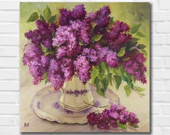 Lilac Bouquet Oil Painting on Canvas: Floral Still Life Art