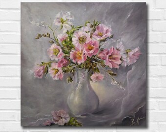 Original Floral Oil Painting: Pink Flowers in Vase Still Life