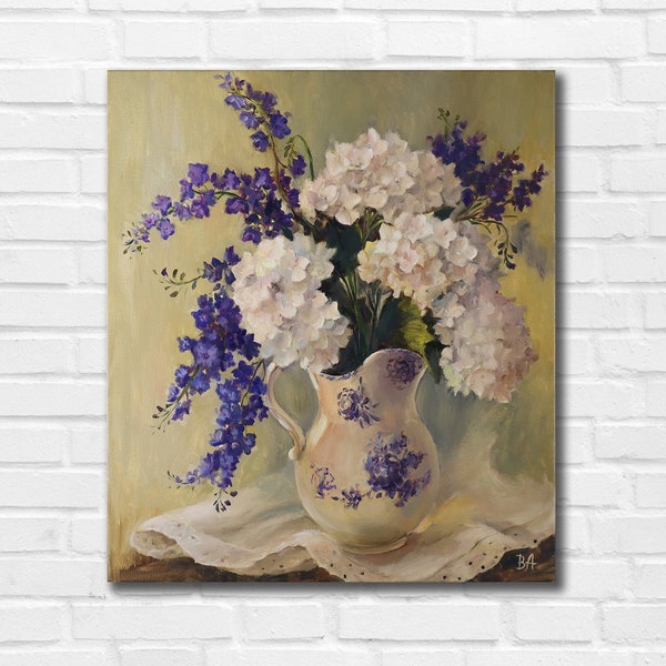 Flower oil painting on canvas, Wildflowers painting, Bluebell flowers painting, Flowers in vase painting, Blue and white floral still life