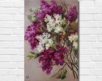 ライラックの花束の油絵：キャンバスに描かれたオリジナルアートの花の