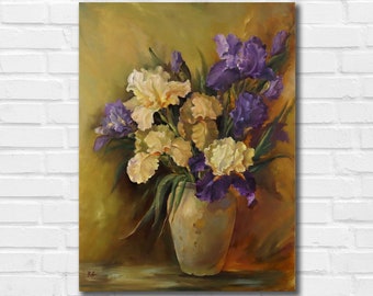 Bloem olieverfschilderij op doek, irissen schilderen, iris kunst, Victoriaanse schilderkunst, bloemenstilleven, origineel bloemenschilderij, bloemen in vaas