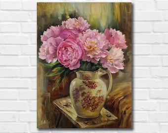 Pink Peony Oil Painting: Floral Still Life, Victorian Art