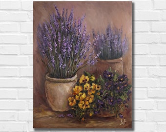 Floral Oil Painting on Canvas: Lavender & Pansies Still Life
